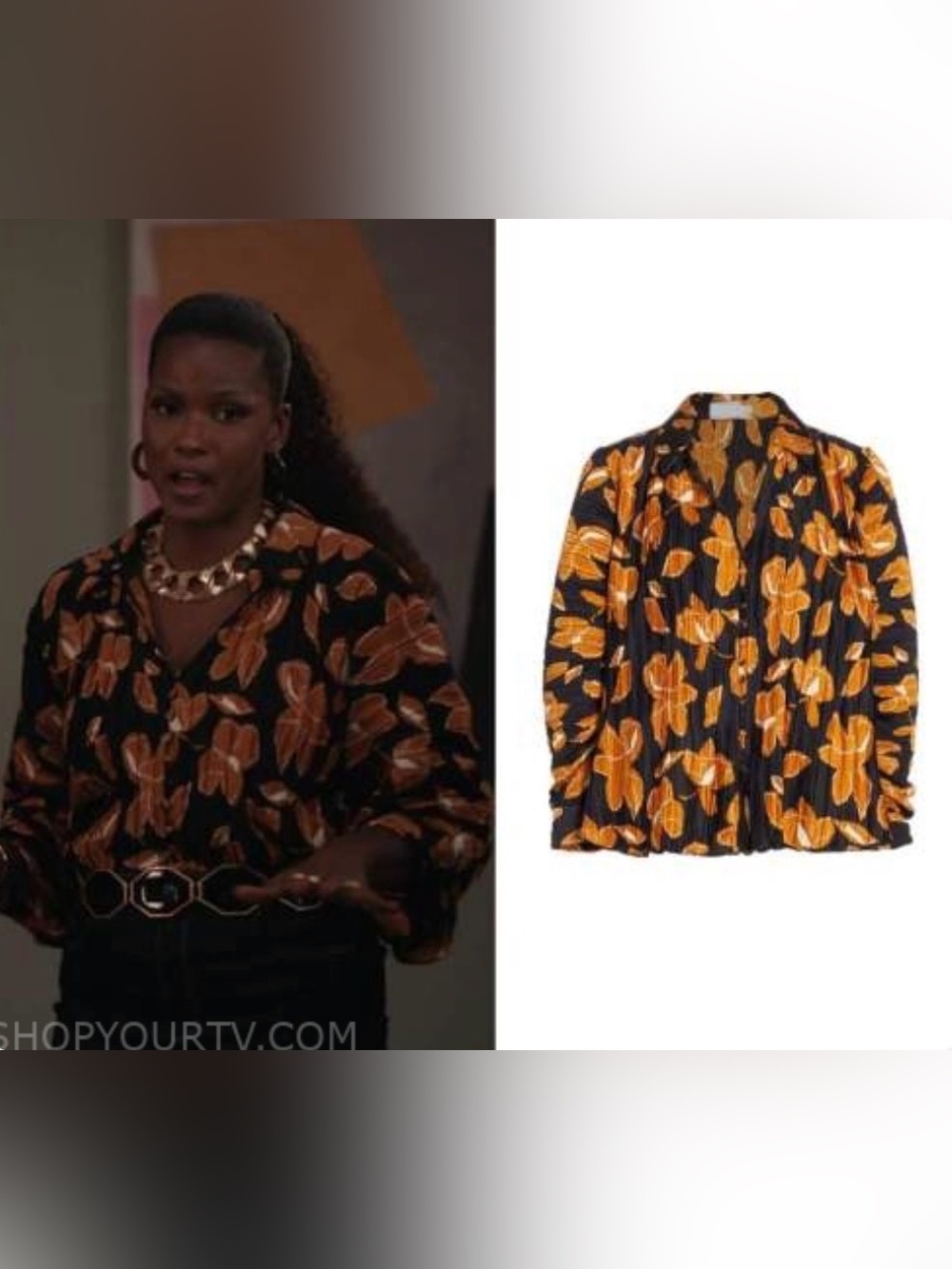 Jonathan Simkhai Pleated Floral Button-Down Black Gold As seen on TV Size XS